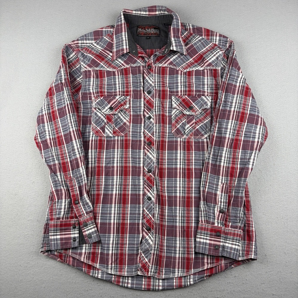Rock & Roll Cowboy Western Shirt Men's XL Red Plaid Pearl Snap